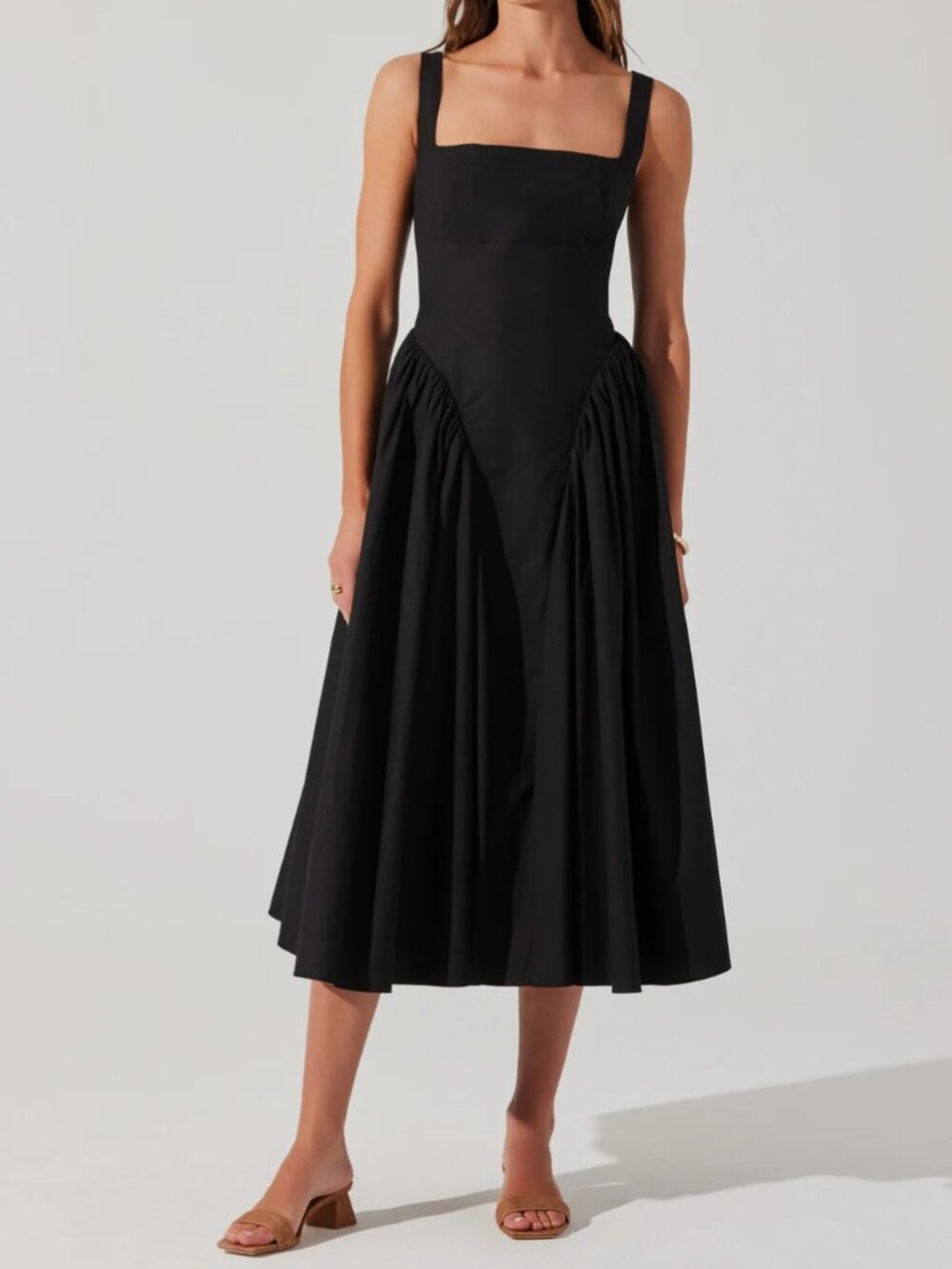 Aster Vinya Black Poplin Drop Waist Midi Dress with Pockets Size XS - Picture 1 of 11